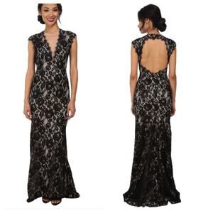 Aidan Mattox Gown black Lace Illusion v neck Open Back size 6